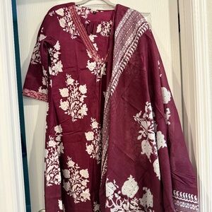 Maroon Cotton Kurta Set with Matching Dupatta (Never Worn)